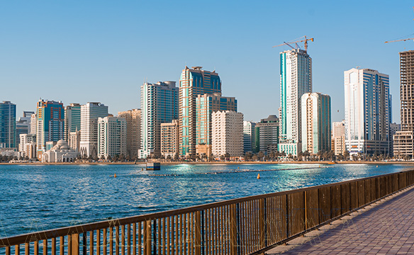 Sharjah Skyline. Modern skyscrapers around Fujairah Lake
