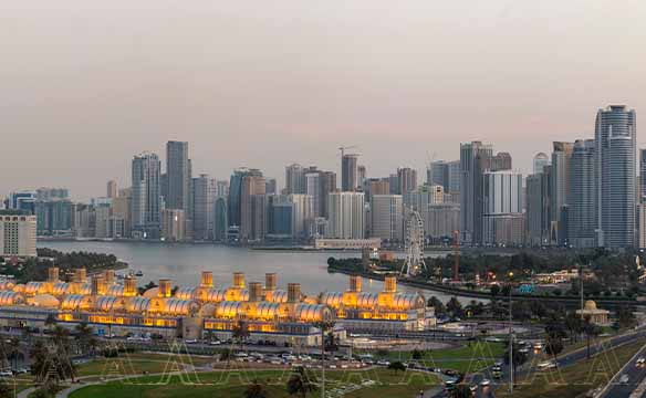  A panoramic aerial view of the Central Souq with the background of the Sharjah