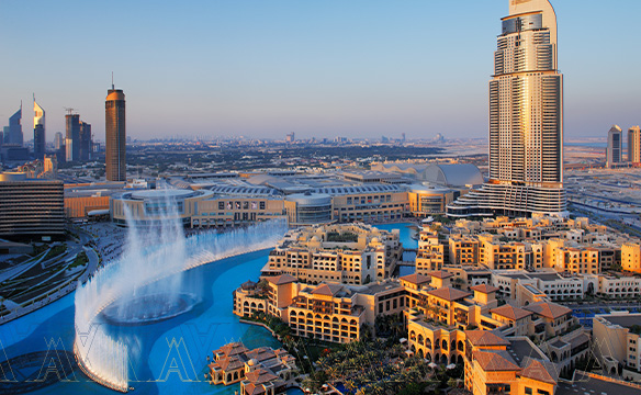 Downtown Dubai with its famous dancing water fountain