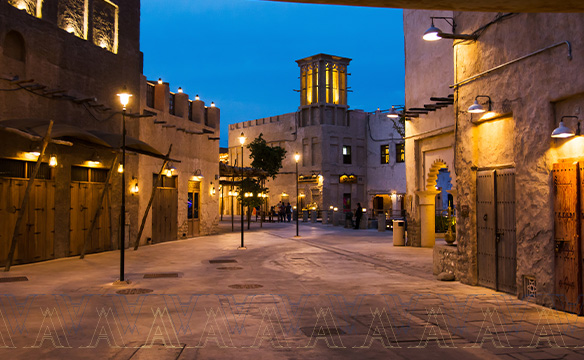 Deira, Dubai - Al Fahidi Historical neighborhood at dusk.